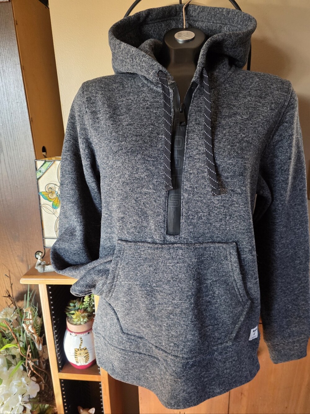 Charcoal Marled-Fleece Quarter-Zip Hoodie with Kangaroo Pocket & Drawstrings
